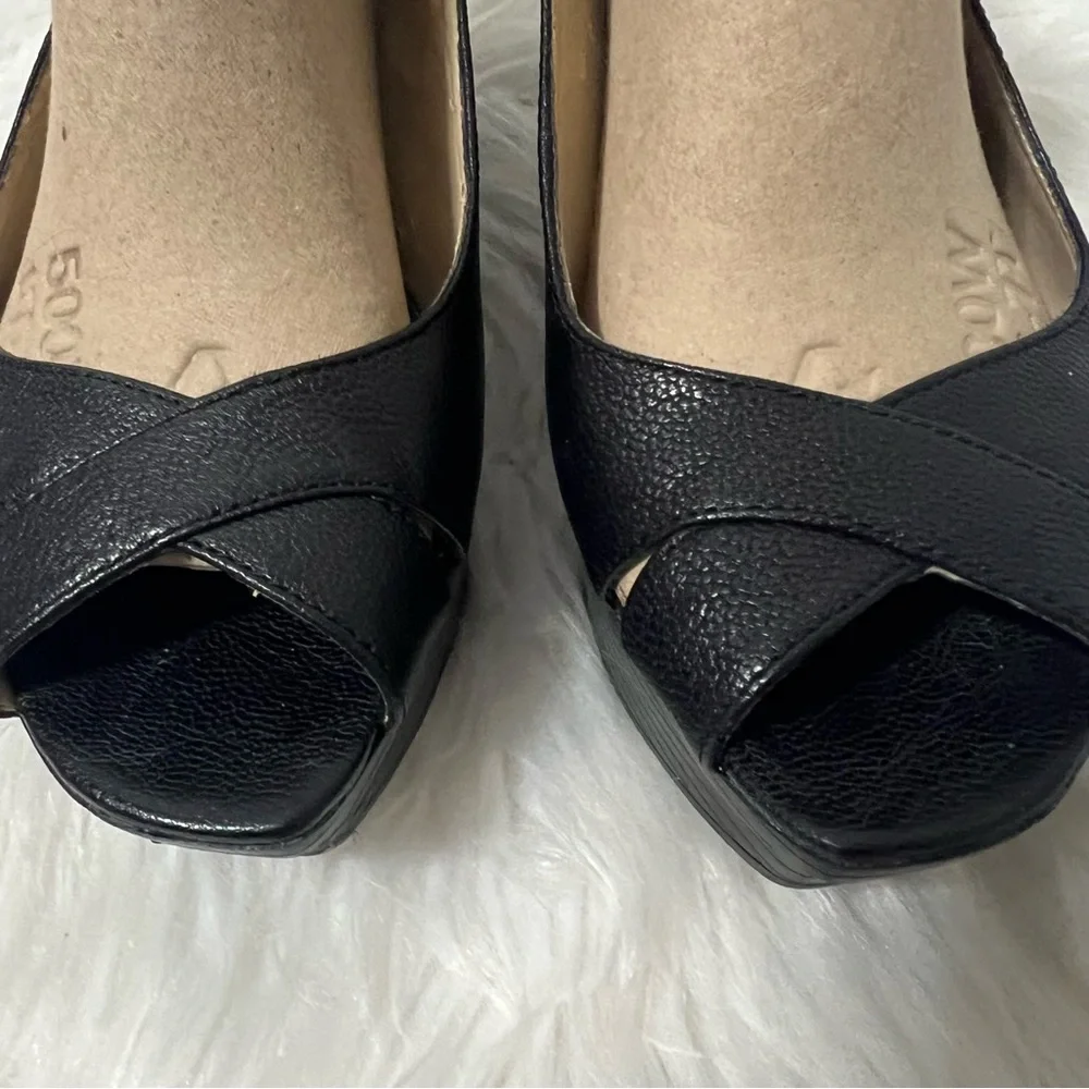 Marc Fisher Black Leather Peep-Toe Slingback Rockabilly Platform Wedges 6.5